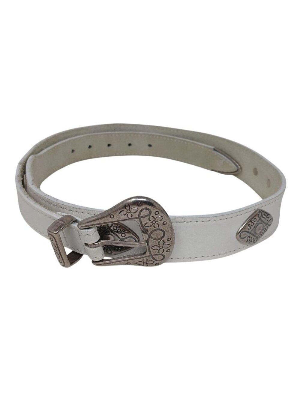 Western White Leather Belt Sz S Engraved Silvertone Buckle Concho Accents #I-12